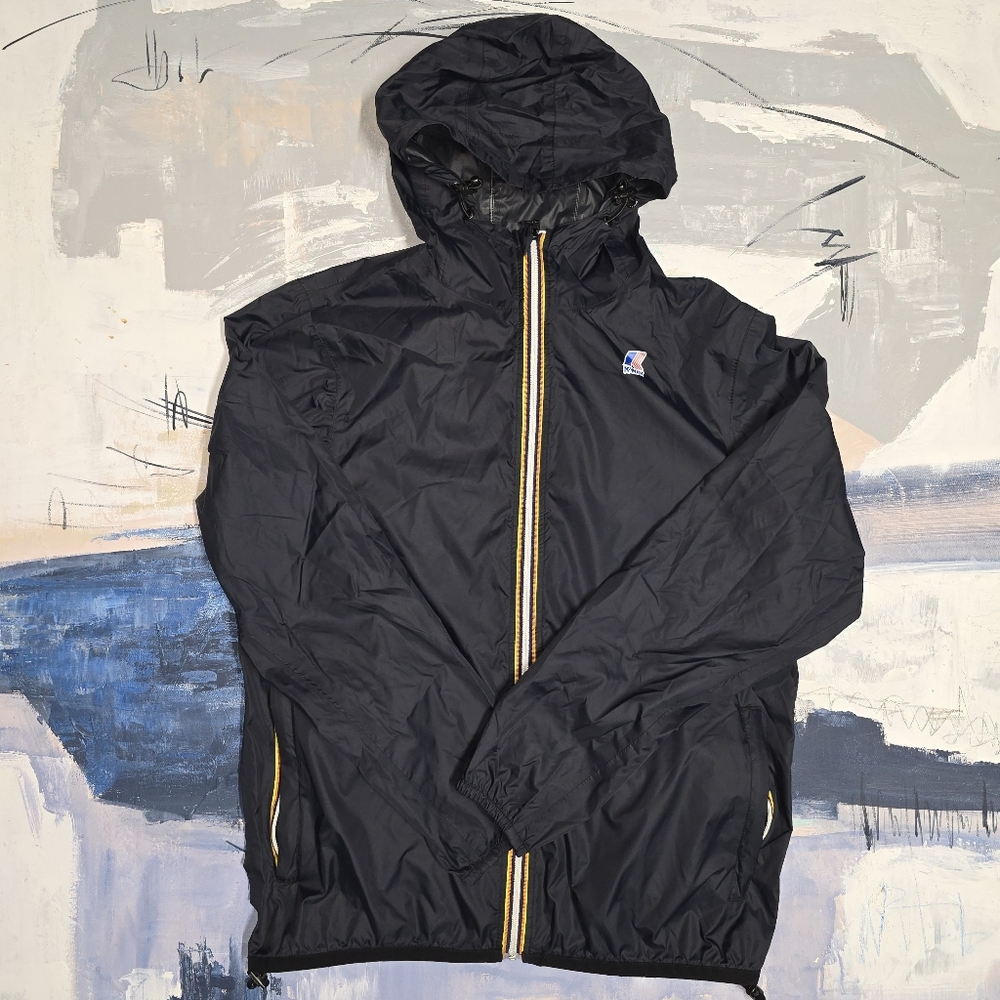K-Way Le Vrai 3.0 Claude Mens Black Full Zip Waterproof Hooded Packable Size Med